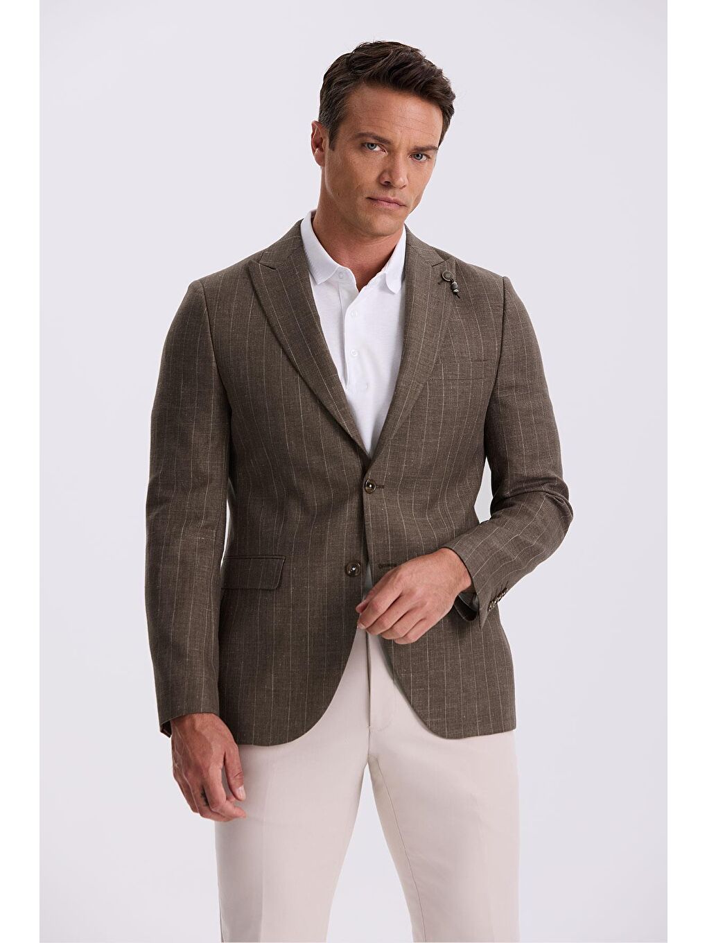 Kahverengi Kahve Slim Fit Kırlangıç Yaka Çizgili Keten Pamuk Mevsimlik Ceket