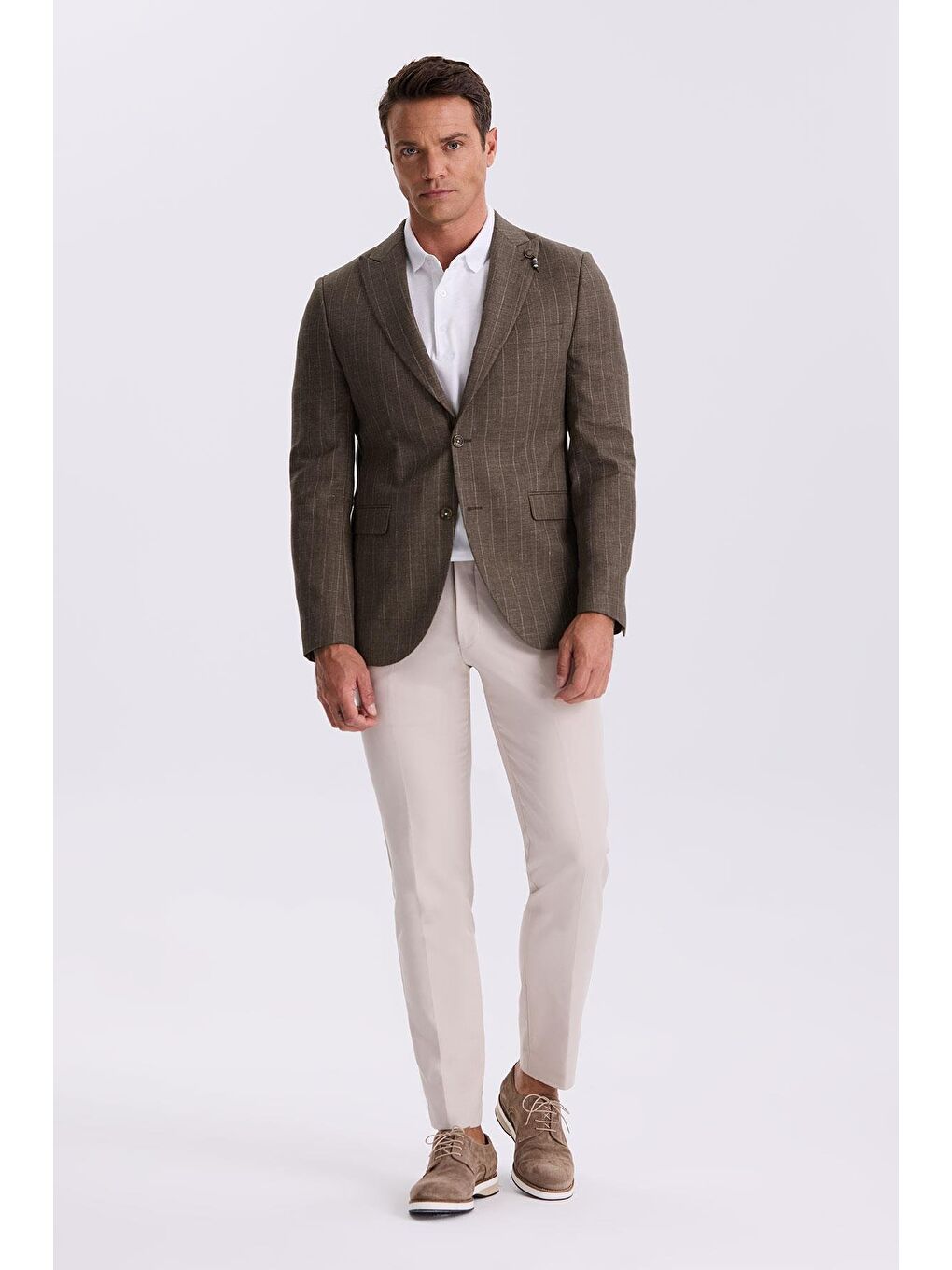 Kahverengi Kahve Slim Fit Kırlangıç Yaka Çizgili Keten Pamuk Mevsimlik Ceket-1