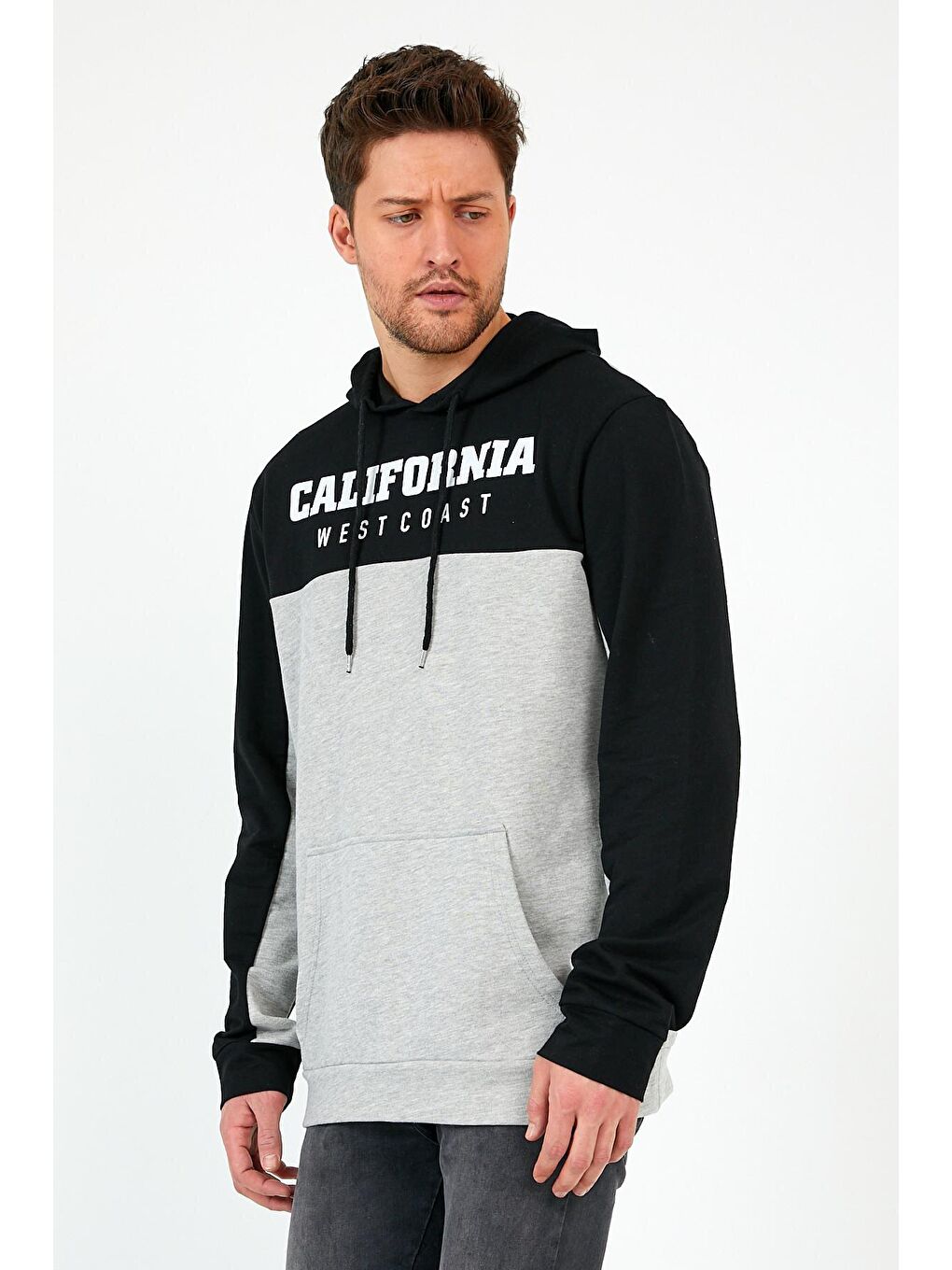Siyah Erkek Kapüşonlu Garnili Regular Fit California Baskılı Hoodie SPR22SW166