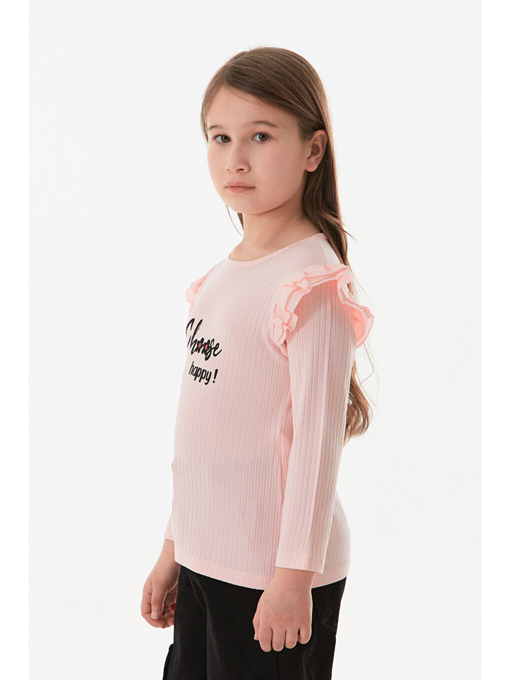 Pembe Fitilli Choose Happy Baskılı Kolu Fırfırlı Kız Çocuk Body-2