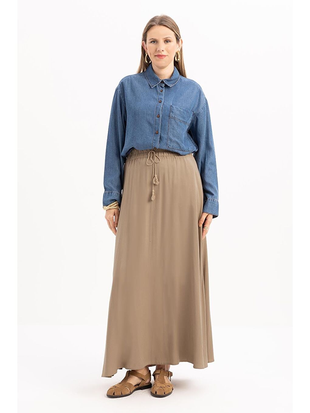 Bej Vizon-Beli Lastikli Püsküllü Etek-1