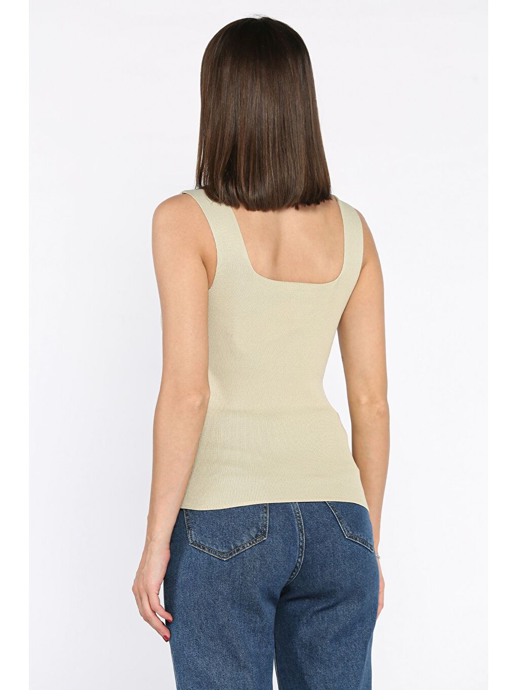 Bej Kare Yaka Askılı Elastanlı Kadın Triko Bluz-2