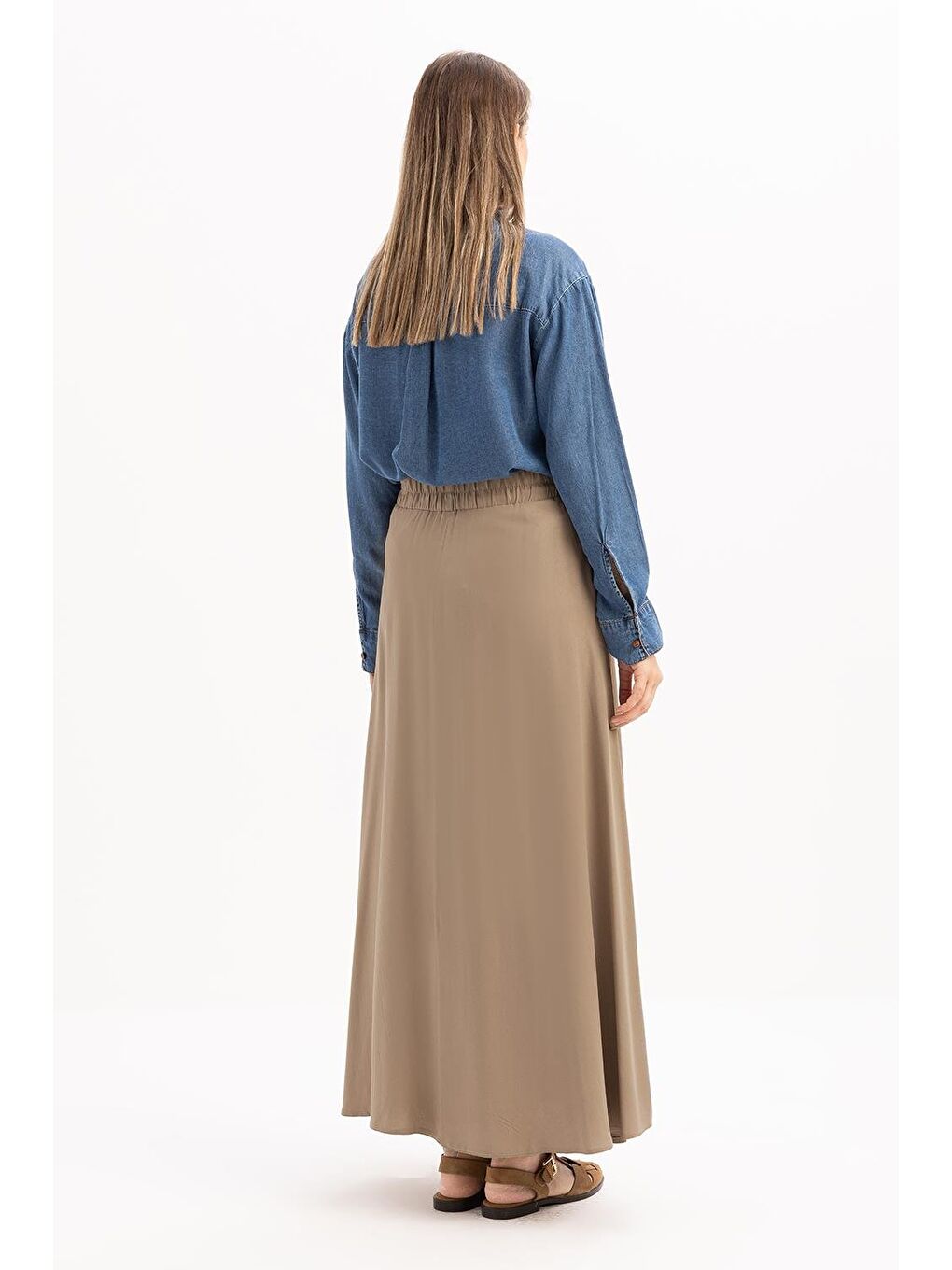 Bej Vizon-Beli Lastikli Püsküllü Etek-3