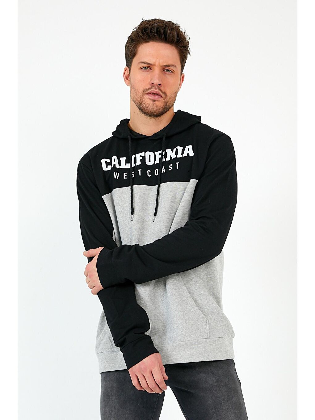 Siyah Erkek Kapüşonlu Garnili Regular Fit California Baskılı Hoodie SPR22SW166-1