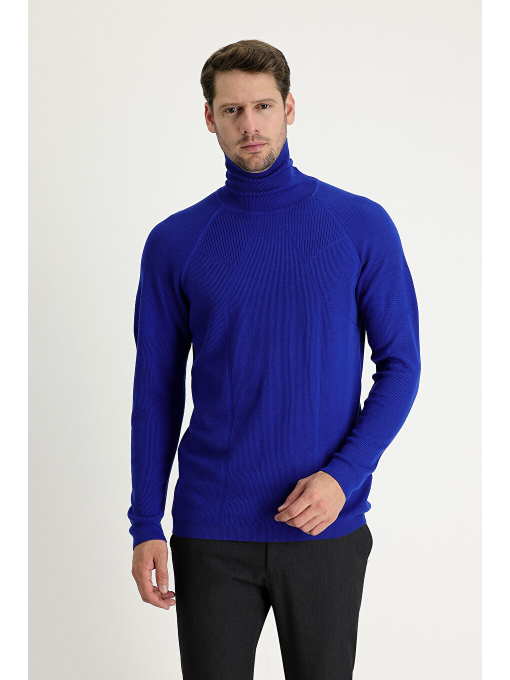 Mavi Balıkçı Yaka Slim Fit Dar Kesim Düz Pamuklu Triko Kazak