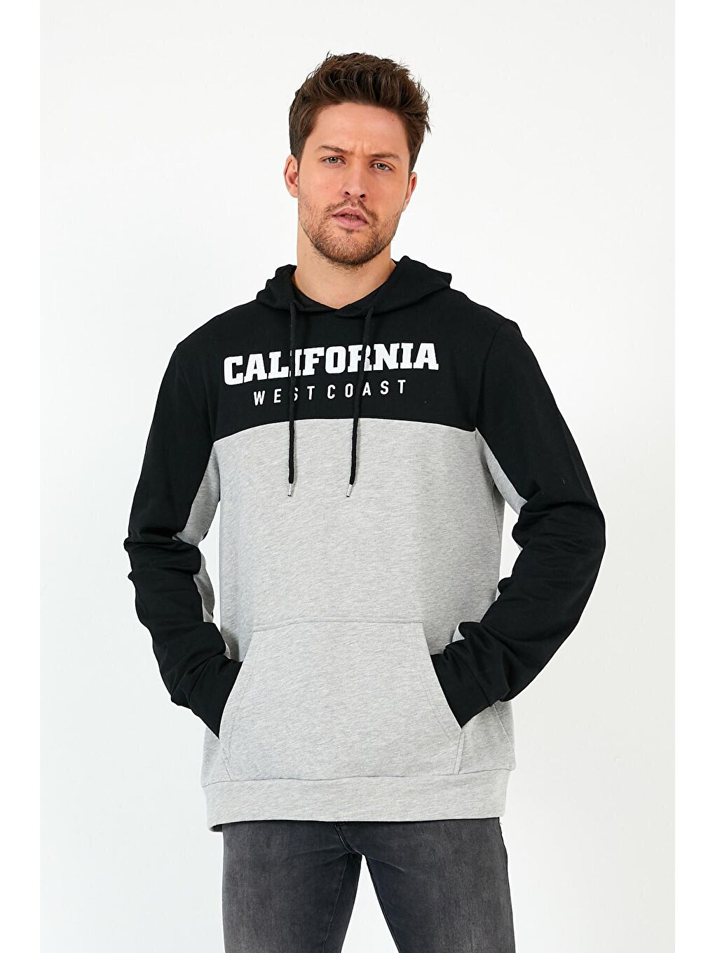 Siyah Erkek Kapüşonlu Garnili Regular Fit California Baskılı Hoodie SPR22SW166-2
