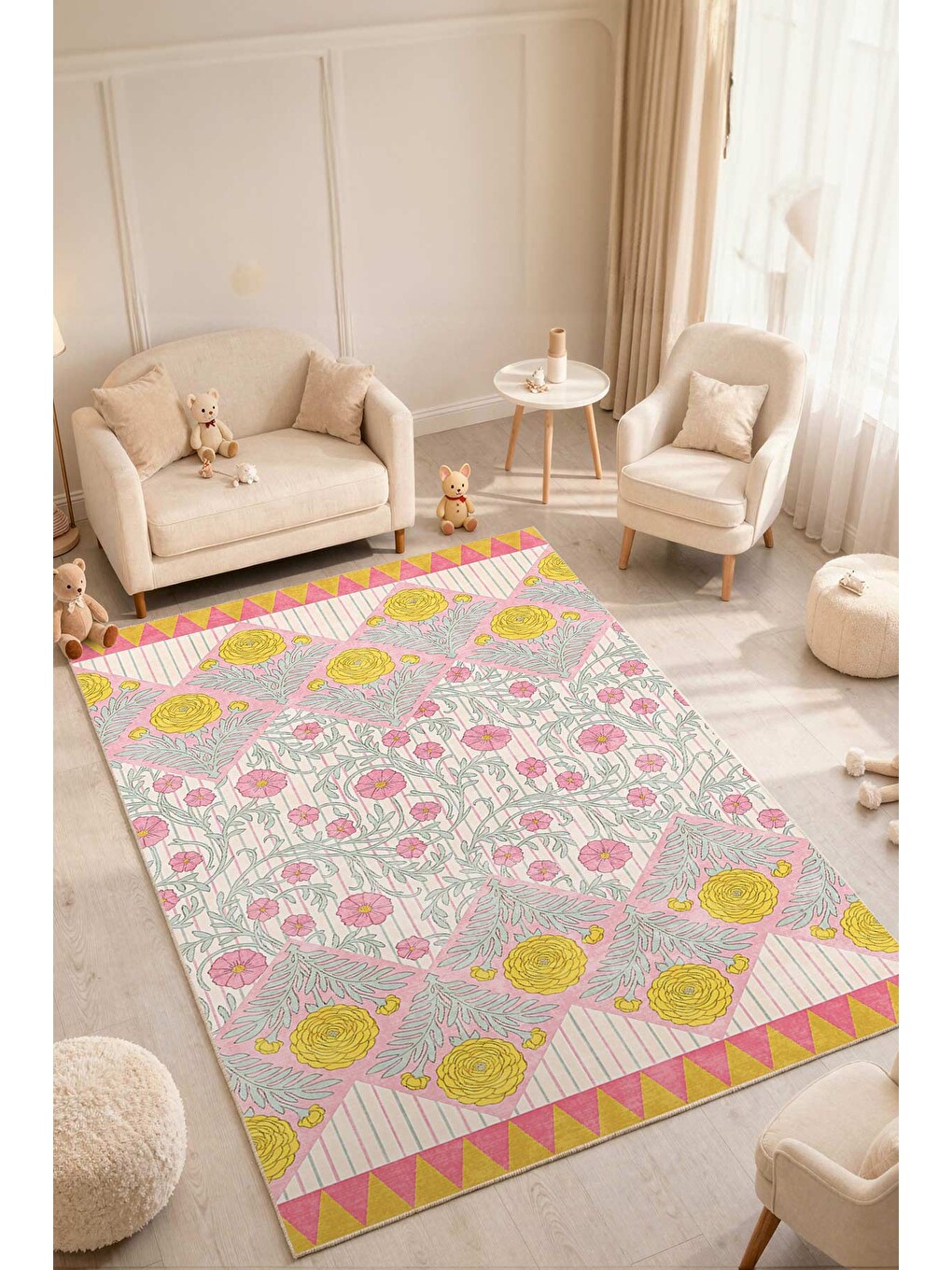 Ekru Modern Çocuk Halısı Kaymaz Tabanlı Makinede Yıkanabilir Çocuk Odası Halısı-1