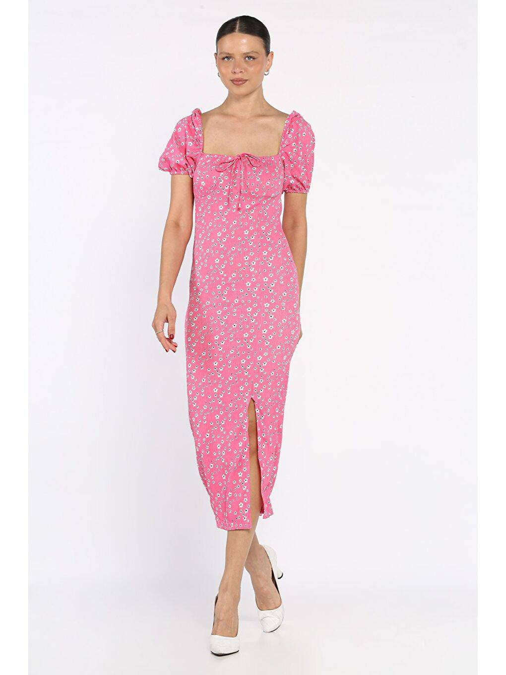 Pembe Yırtmaçlı Balon Kol Kadın Desenli Elbise-1