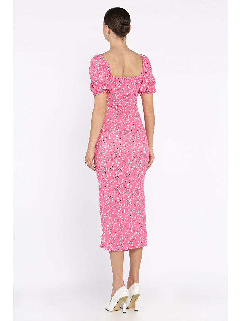 Pembe Yırtmaçlı Balon Kol Kadın Desenli Elbise-2