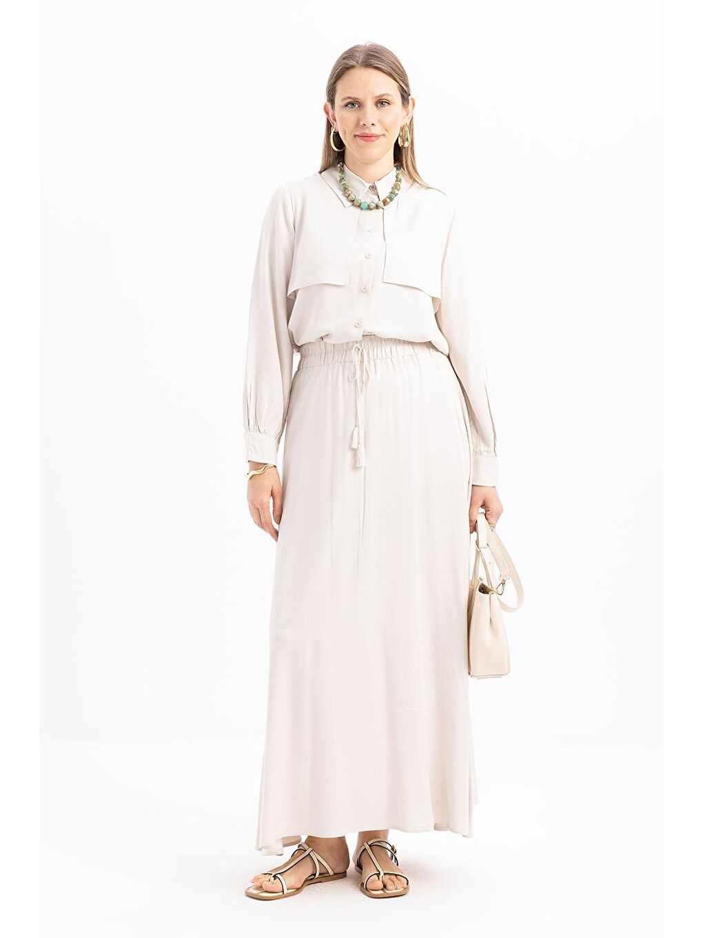 Bej Taş-Beli Lastikli Püsküllü Etek-1