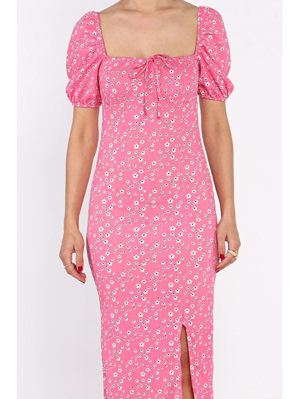 Pembe Yırtmaçlı Balon Kol Kadın Desenli Elbise-3