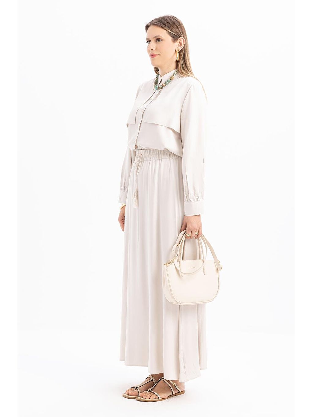 Bej Taş-Beli Lastikli Püsküllü Etek-2