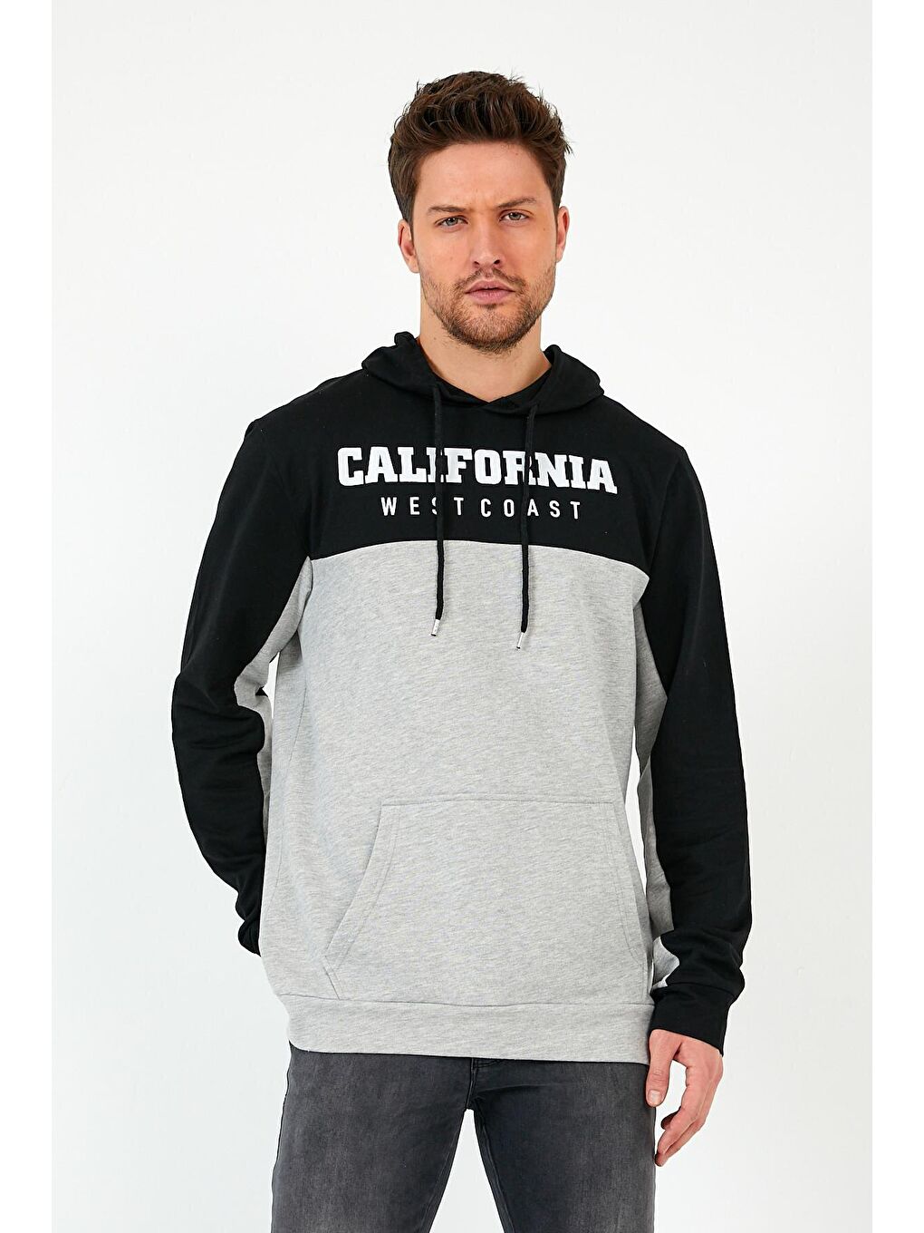 Siyah Erkek Kapüşonlu Garnili Regular Fit California Baskılı Hoodie SPR22SW166-3