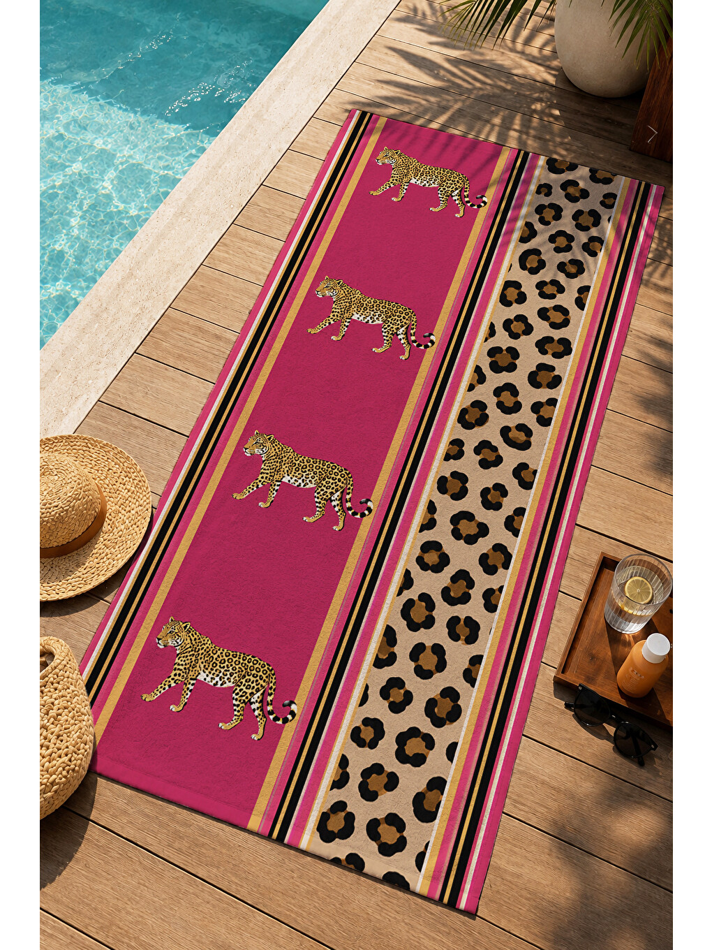 Safari Fuşya Leopar Bordür Kaplan Motifli Desenli 70x150 Plaj Havlusu - Pamuklu Banyo Havlusu