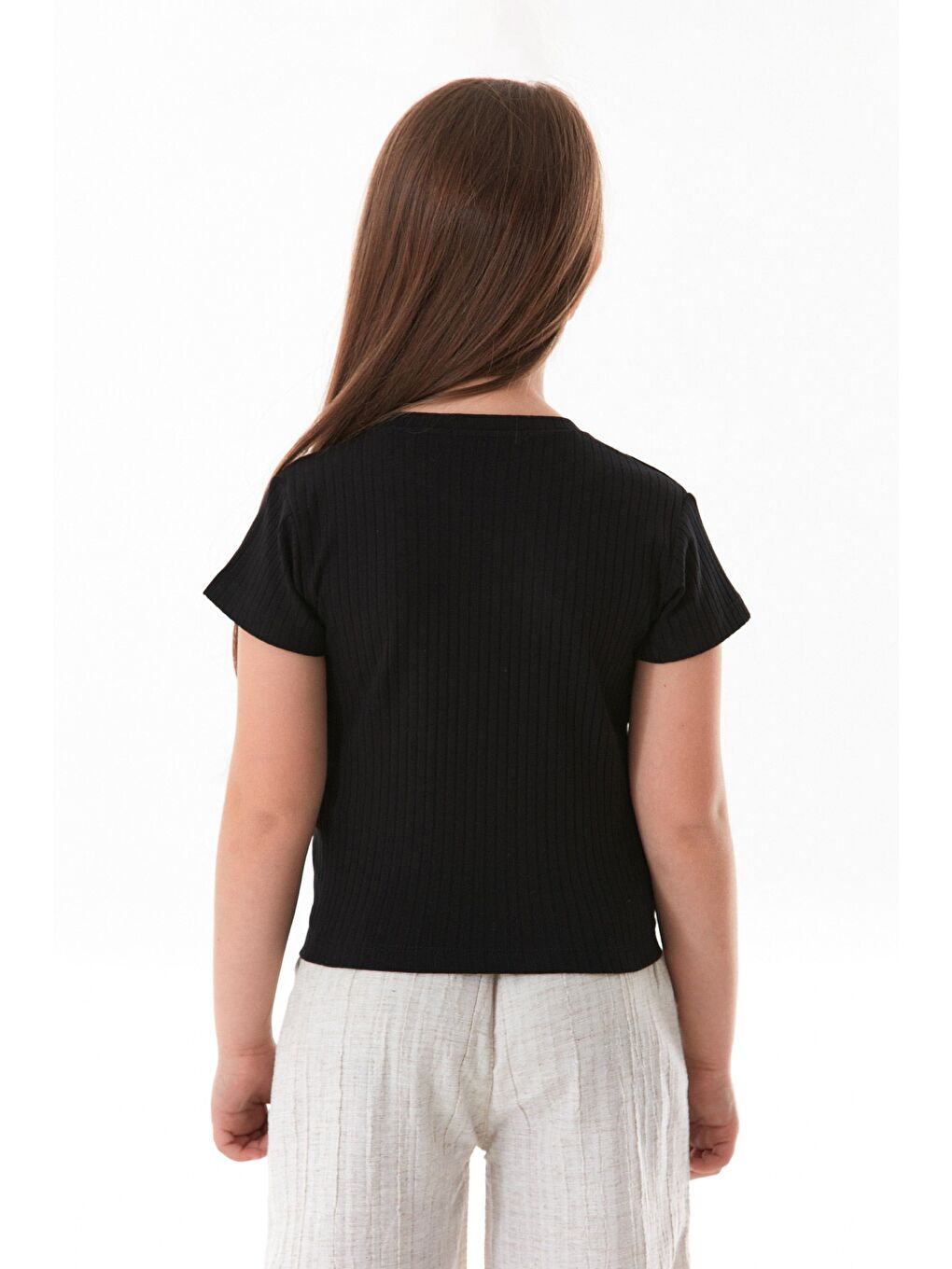 Siyah Hawaii Yazı Baskılı Fitilli Yanı Büzgülü Kız Çocuk Tişört-3