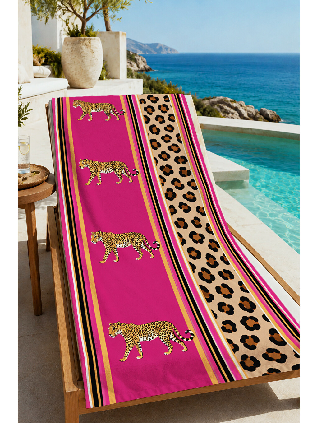 Safari Fuşya Leopar Bordür Kaplan Motifli Desenli 70x150 Plaj Havlusu - Pamuklu Banyo Havlusu-1