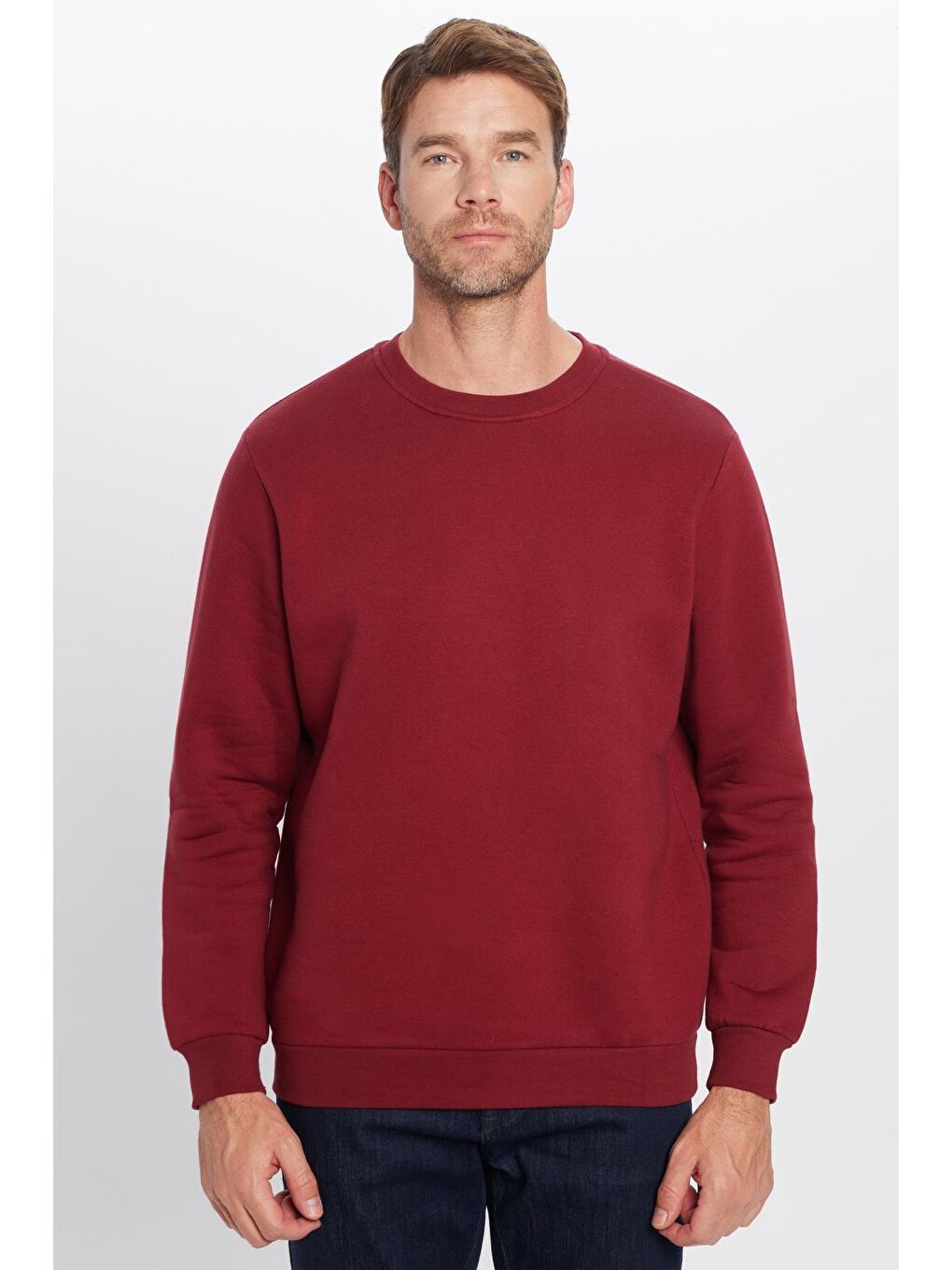 Unisex Relax Fit Rahat Kesim Pamuklu Yumuşak Dokulu İçi Polarlı Basic Bordo Bisiklet Yaka Sweatshirt-2