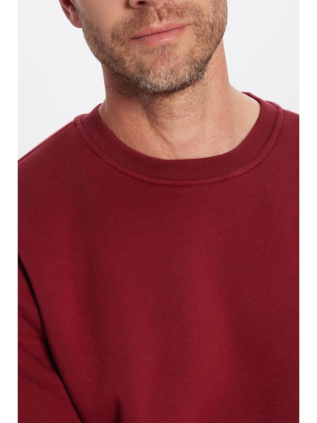 Unisex Relax Fit Rahat Kesim Pamuklu Yumuşak Dokulu İçi Polarlı Basic Bordo Bisiklet Yaka Sweatshirt-3