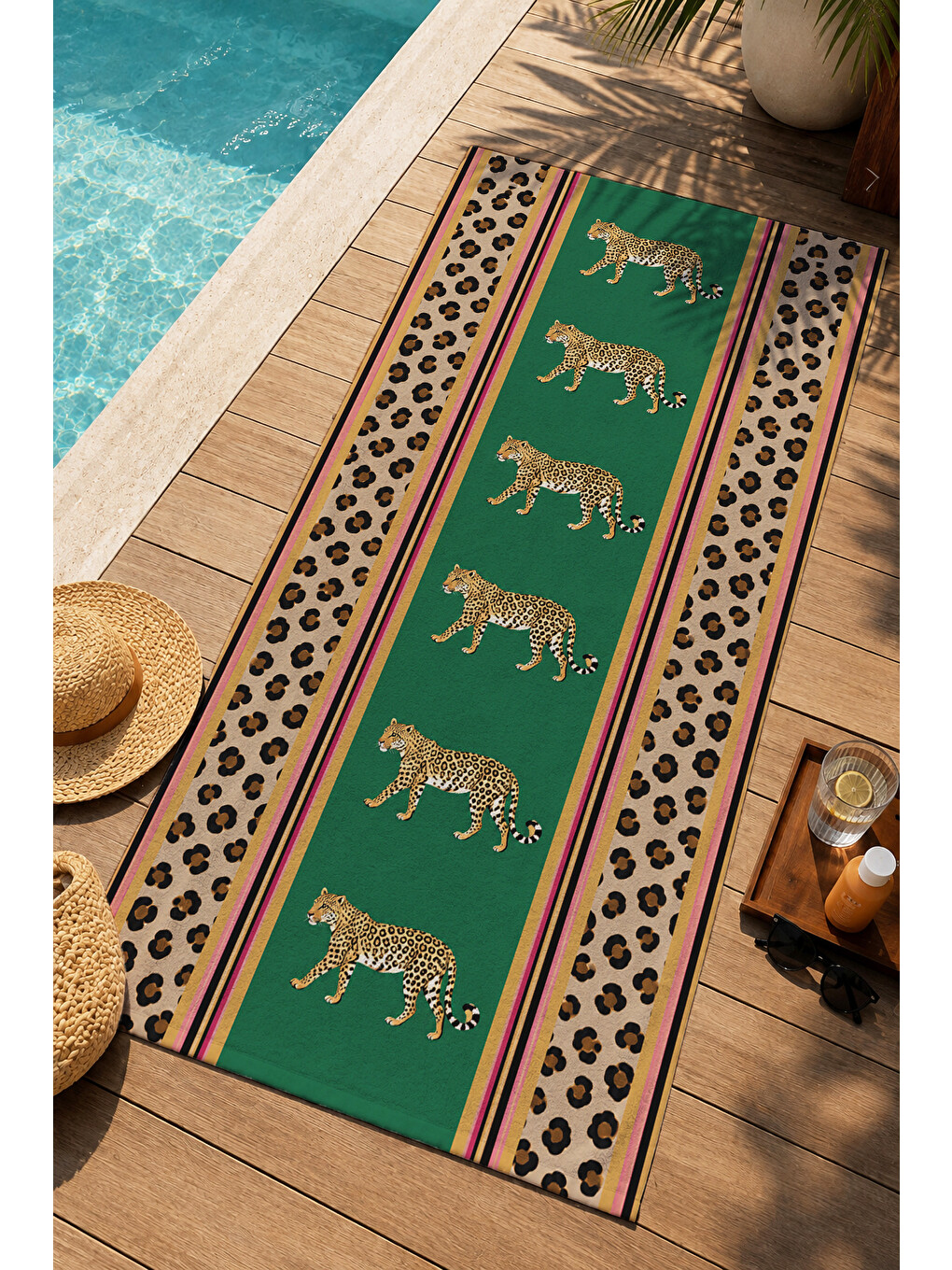 Safari Yeşil Leopar Bordür Kaplan Desenli 70x150 Plaj Havlusu - Dijital Baskılı Banyo Havlusu