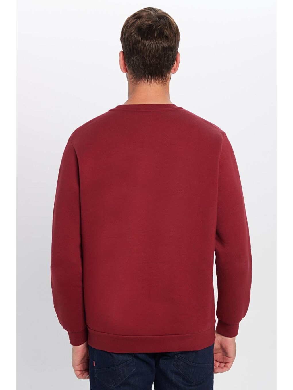 Unisex Relax Fit Rahat Kesim Pamuklu Yumuşak Dokulu İçi Polarlı Basic Bordo Bisiklet Yaka Sweatshirt-4
