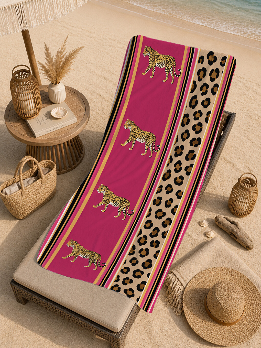 Safari Fuşya Leopar Bordür Kaplan Motifli Desenli 70x150 Plaj Havlusu - Pamuklu Banyo Havlusu-3