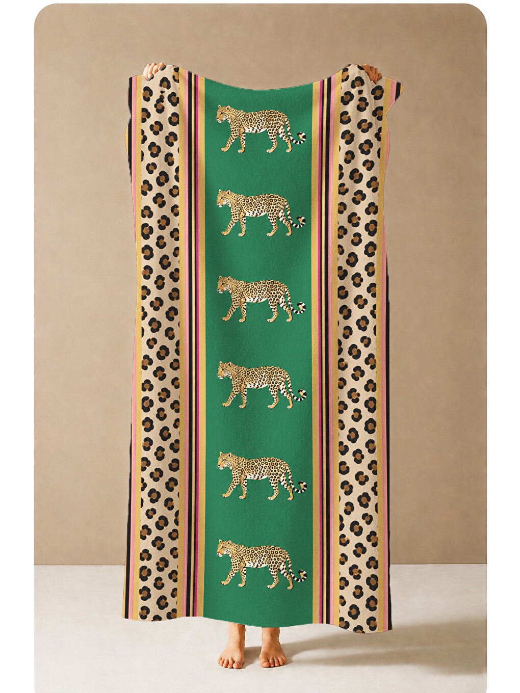 Safari Yeşil Leopar Bordür Kaplan Desenli 70x150 Plaj Havlusu - Dijital Baskılı Banyo Havlusu-1