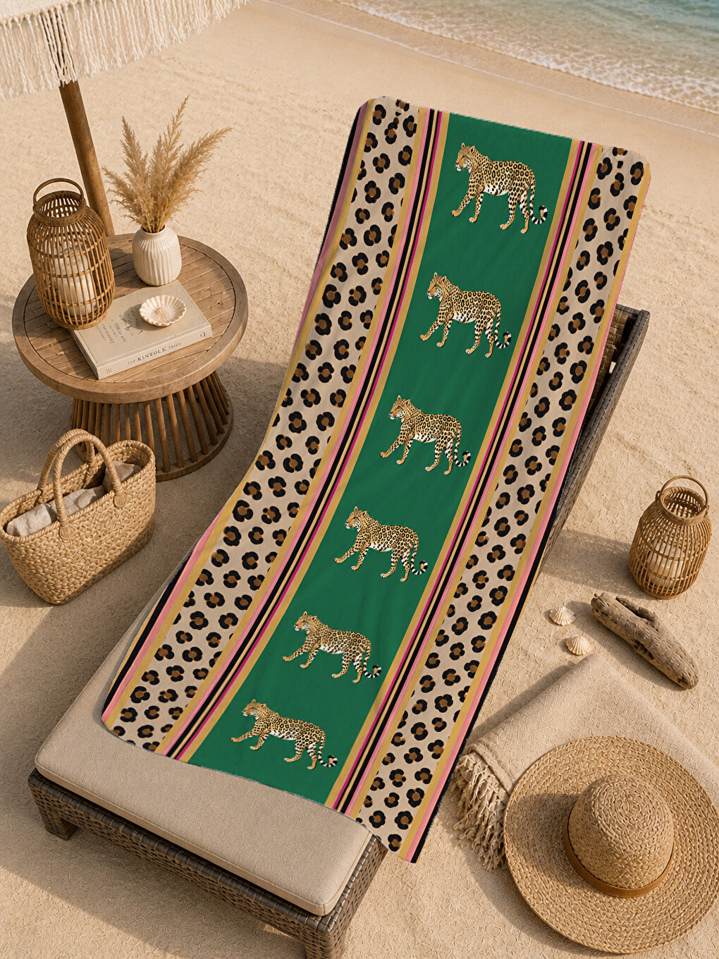 Safari Yeşil Leopar Bordür Kaplan Desenli 70x150 Plaj Havlusu - Dijital Baskılı Banyo Havlusu-3