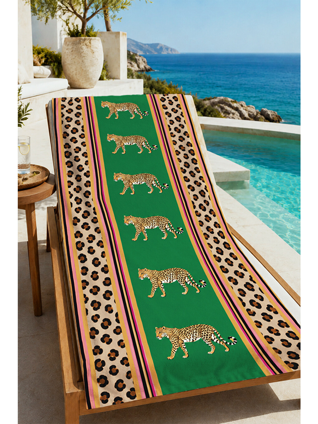 Safari Yeşil Leopar Bordür Kaplan Desenli 70x150 Plaj Havlusu - Dijital Baskılı Banyo Havlusu-4