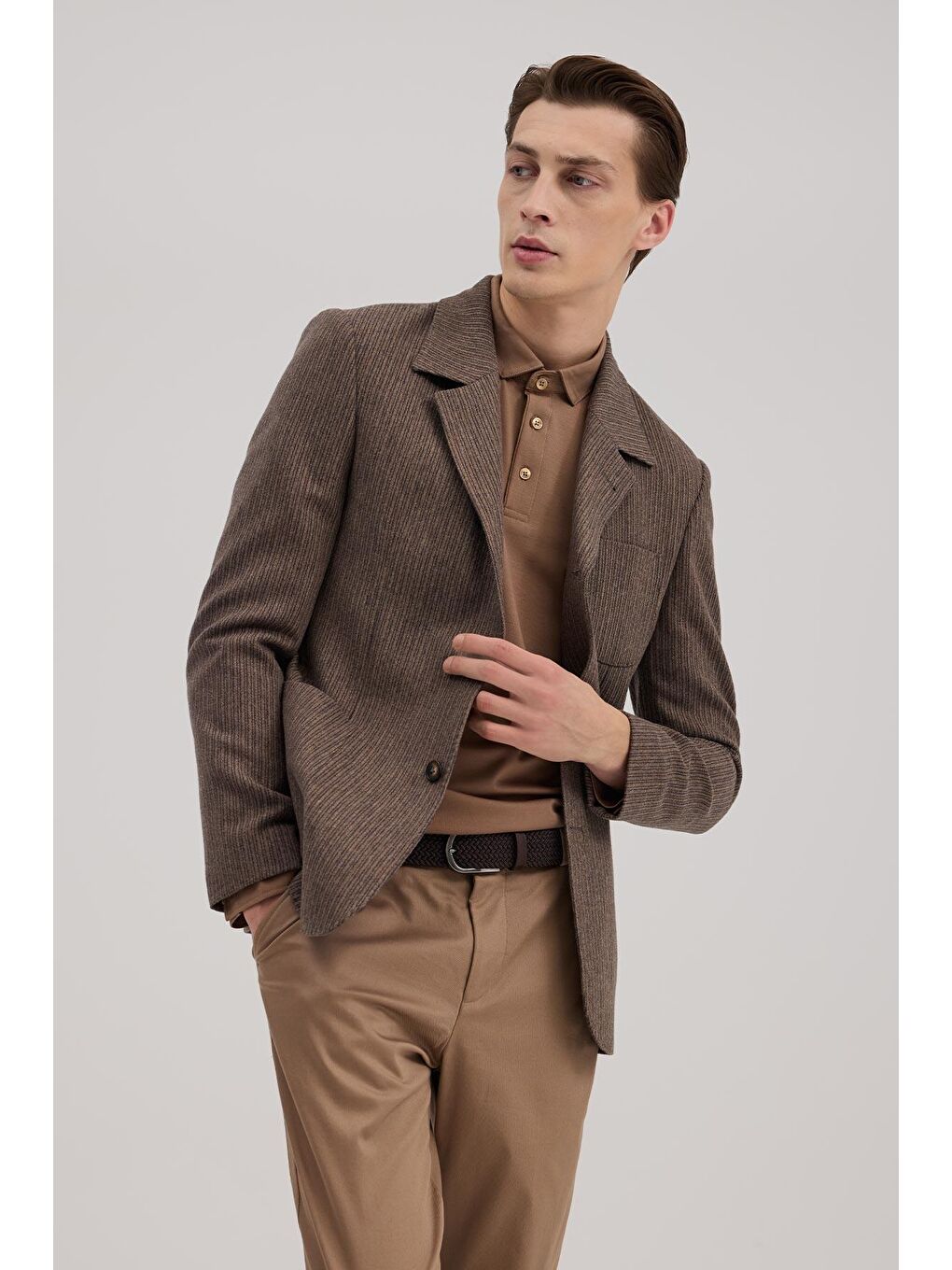 Kahverengi Kahve Slim Fit Berberi Yaka Çizgili Ceket-1