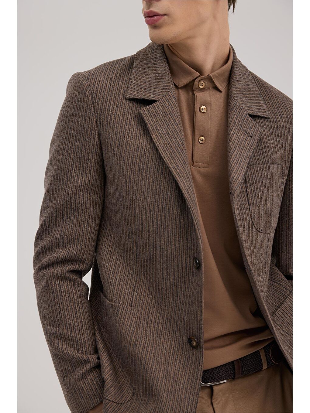 Kahverengi Kahve Slim Fit Berberi Yaka Çizgili Ceket-2