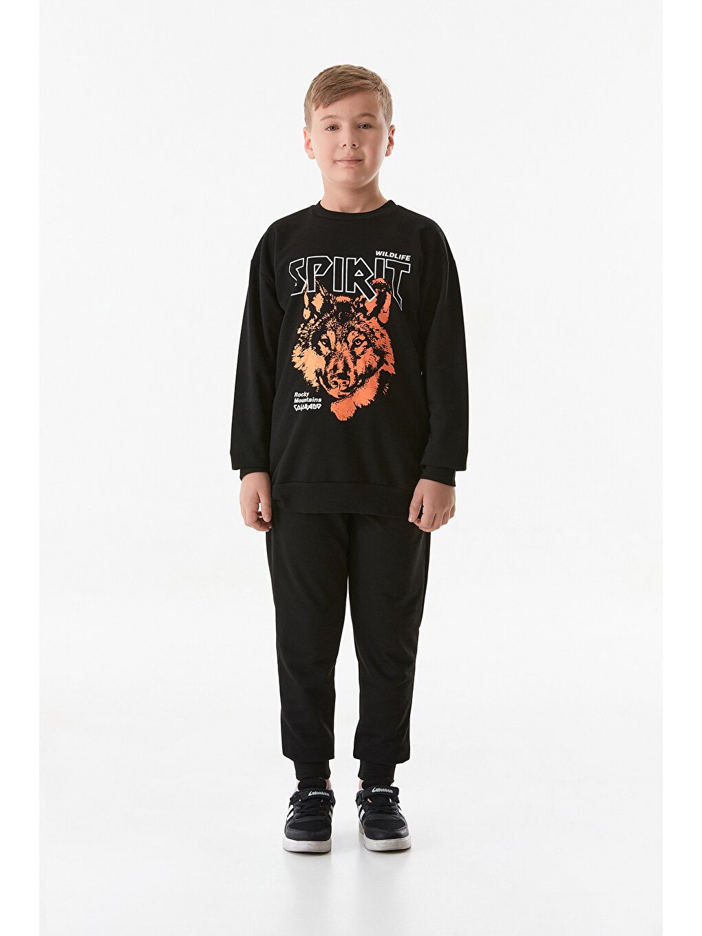 Siyah Baskılı Bisiklet Yaka Jogger Erkek Çocuk Eşofman Takımı-1