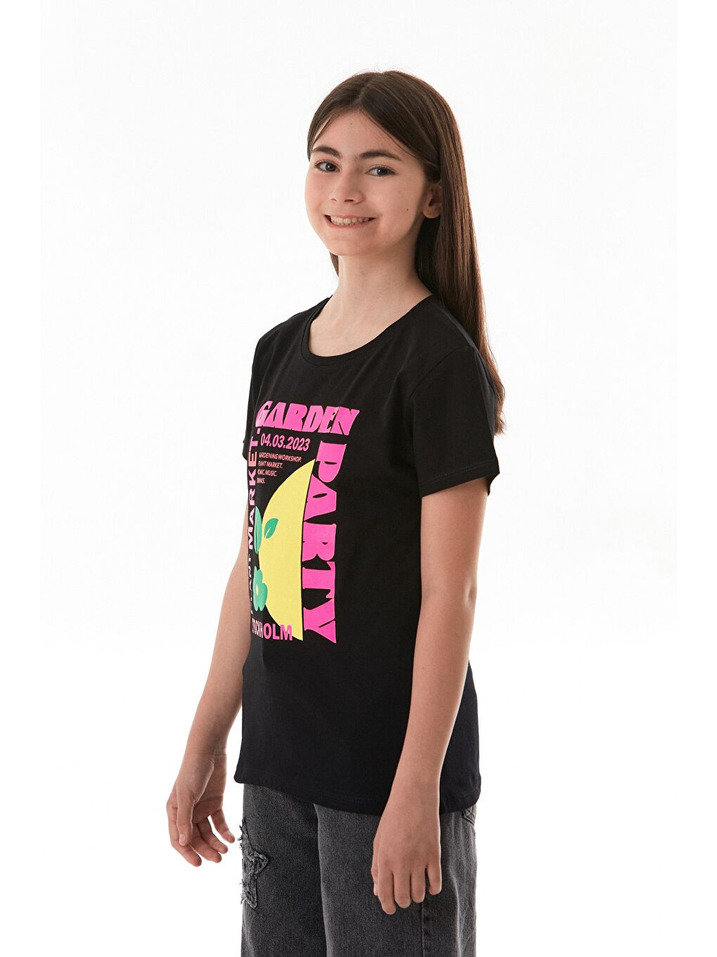 Siyah %100 Pamuk Slogan Baskılı Kız Çocuk Tişört-3