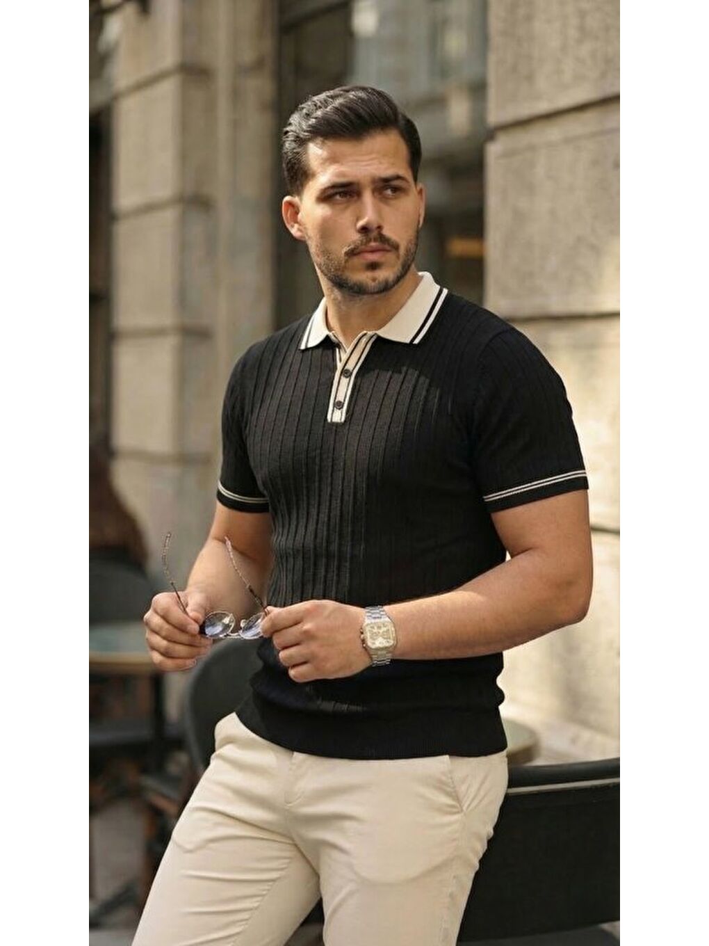 Siyah Erkek Düğme Yakalı Kontrast Yaka Triko Tişört