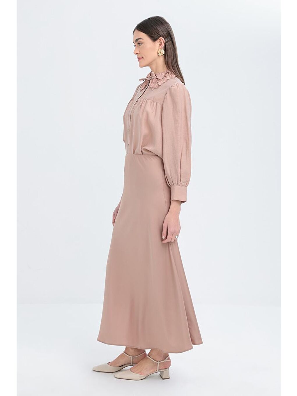 Bej Vizon-Beli Lastikli Saten Etek-2