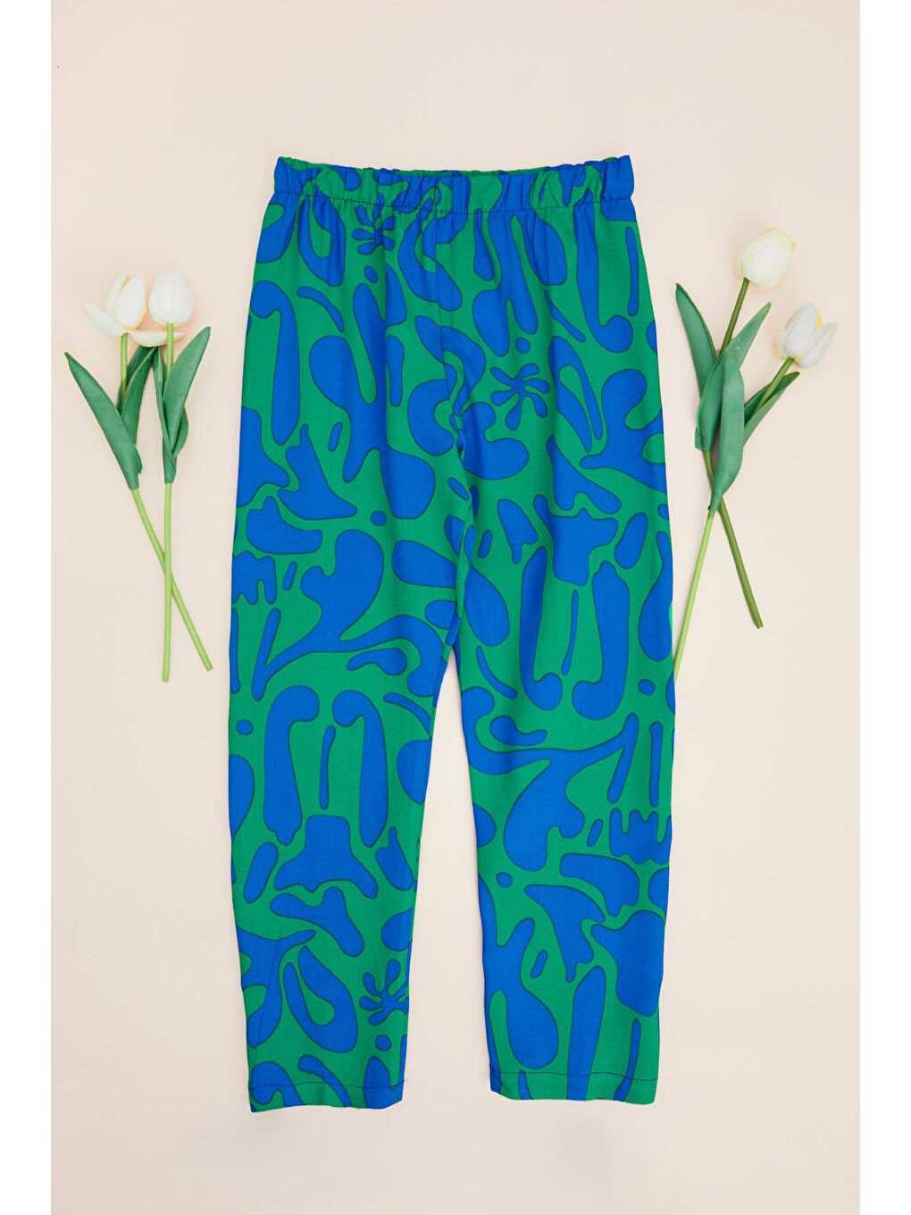 Yeşil Desenli Beli Lastikli Kız Çocuk Pantolon-2