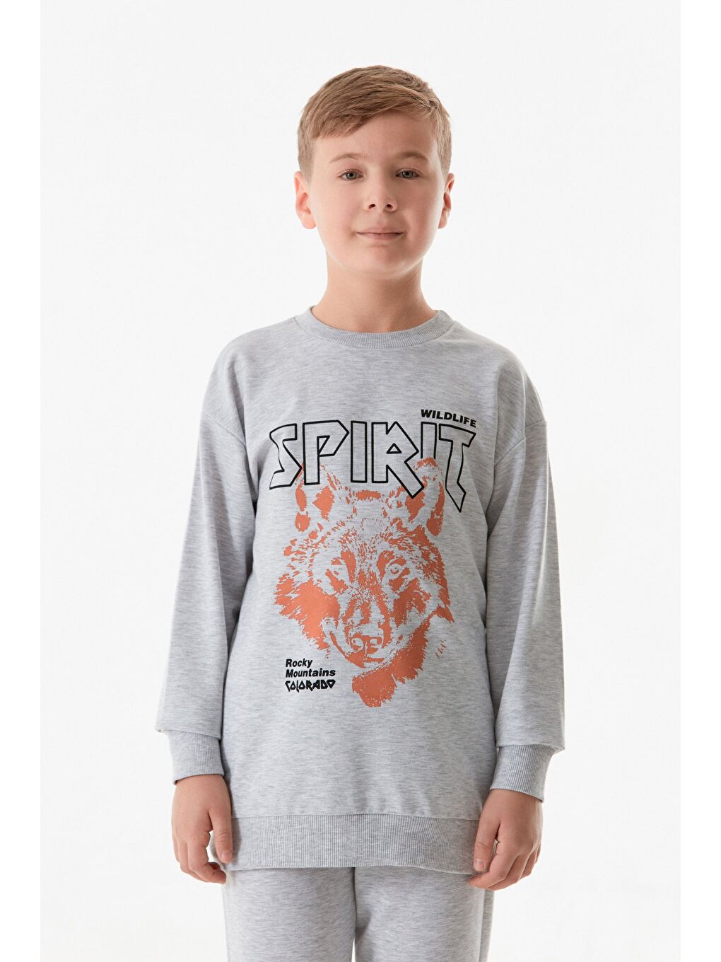 Gri Baskılı Bisiklet Yaka Jogger Erkek Çocuk Eşofman Takımı-1