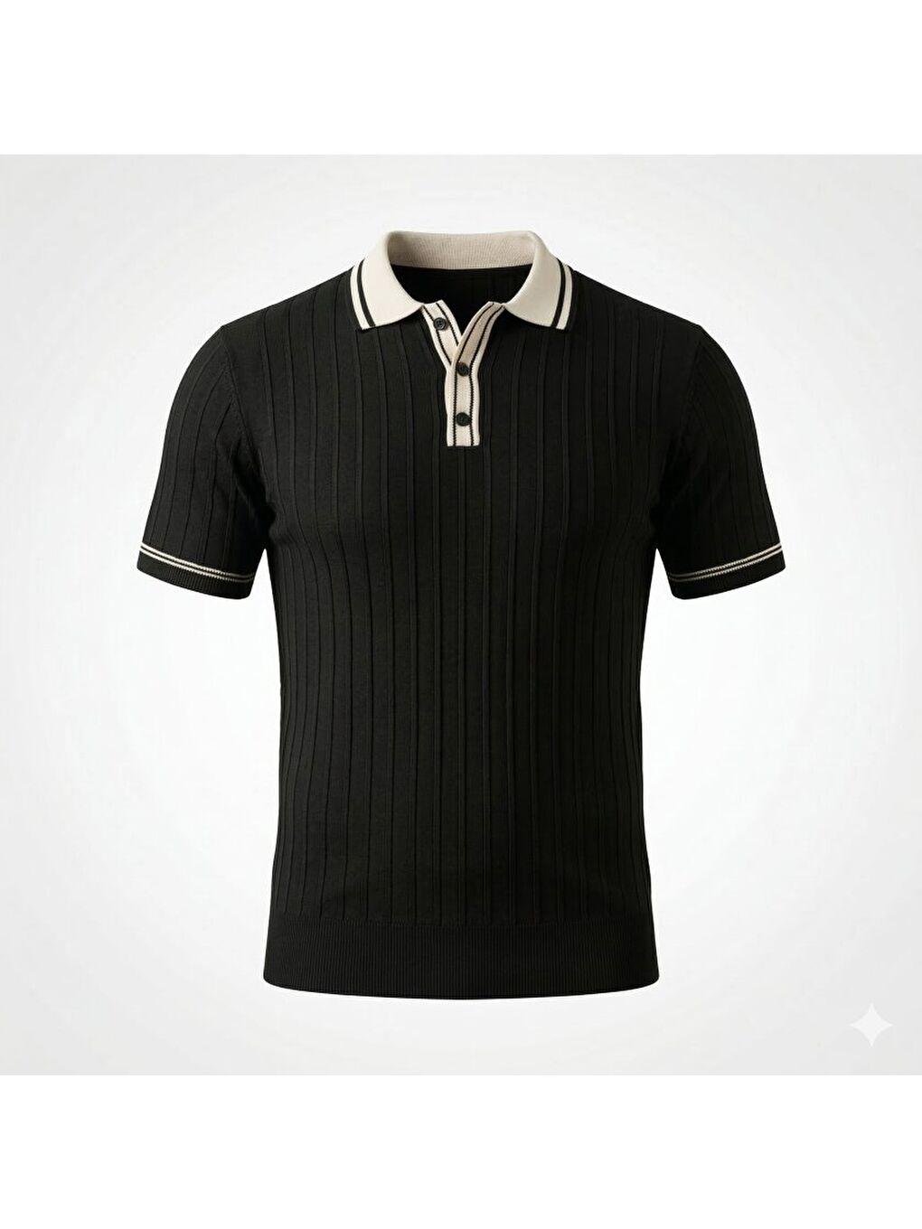 Siyah Erkek Düğme Yakalı Kontrast Yaka Triko Tişört-1