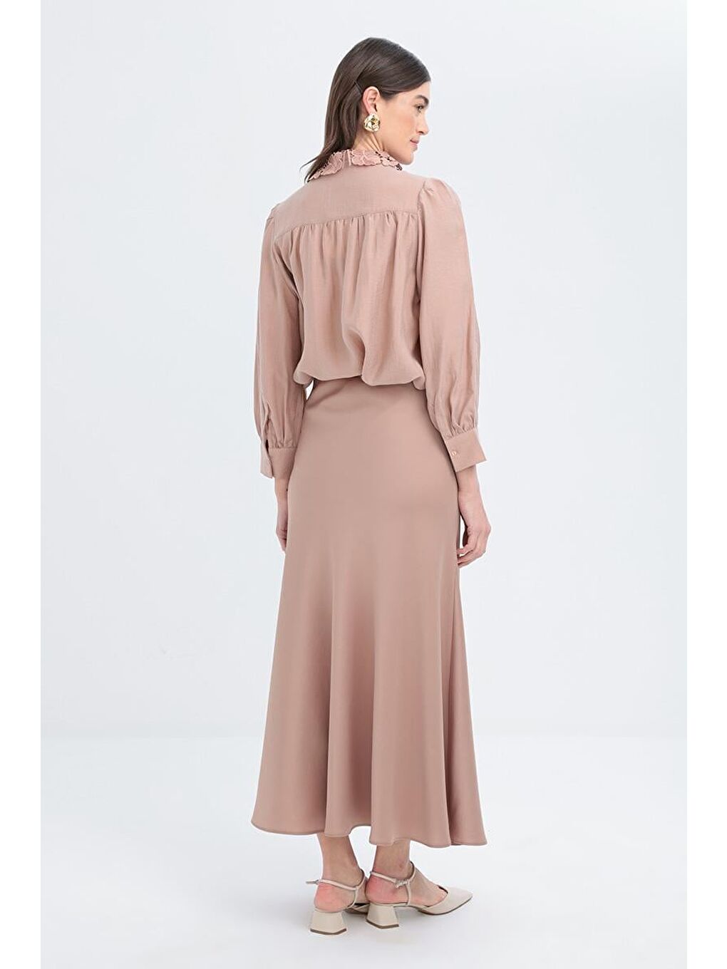 Bej Vizon-Beli Lastikli Saten Etek-3