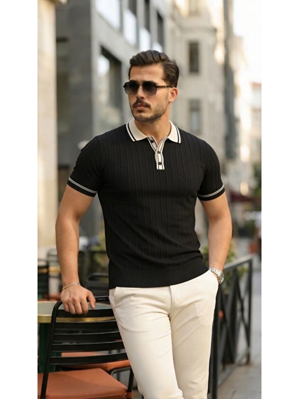 Siyah Erkek Düğme Yakalı Kontrast Yaka Triko Tişört-2