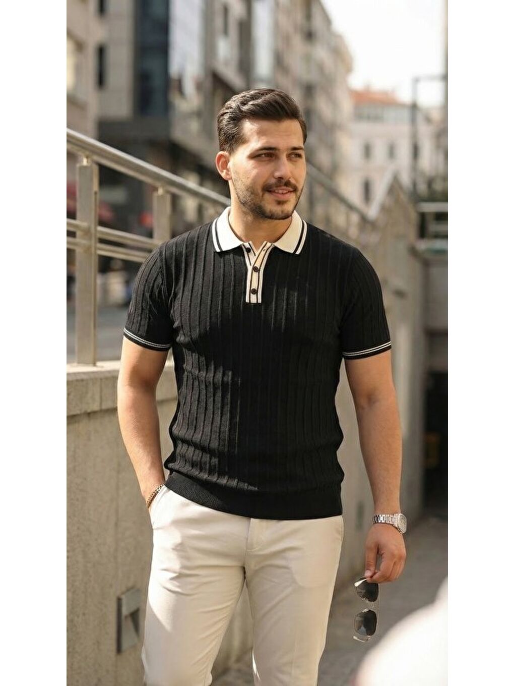 Siyah Erkek Düğme Yakalı Kontrast Yaka Triko Tişört-3