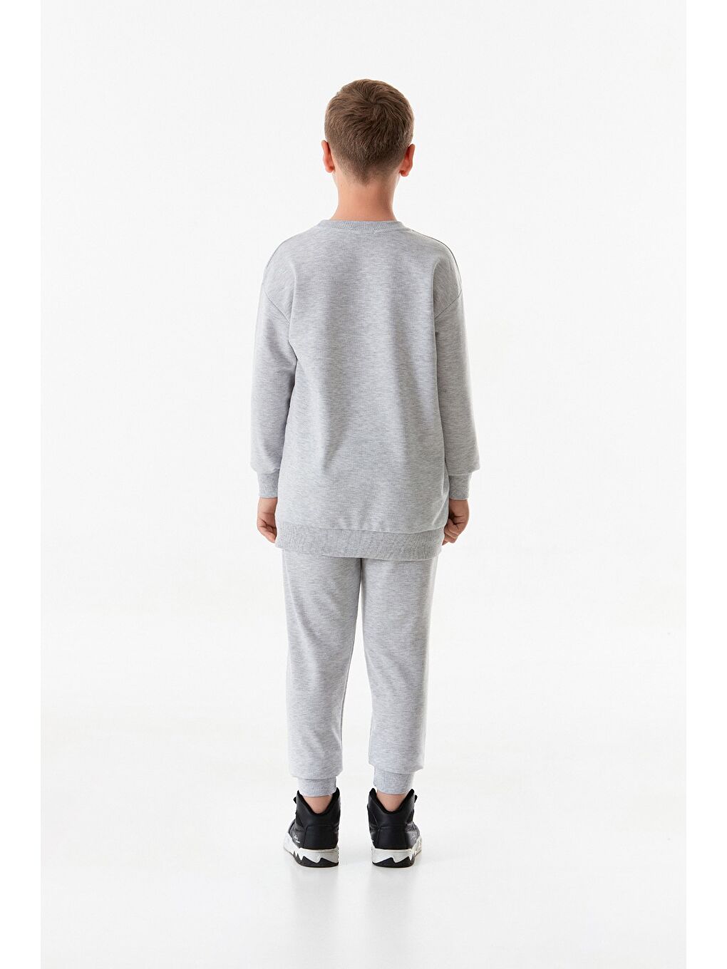 Gri Baskılı Bisiklet Yaka Jogger Erkek Çocuk Eşofman Takımı-3
