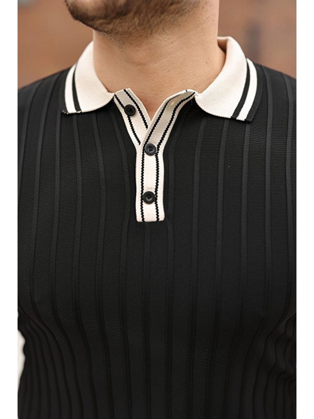 Siyah Erkek Düğme Yakalı Kontrast Yaka Triko Tişört-4