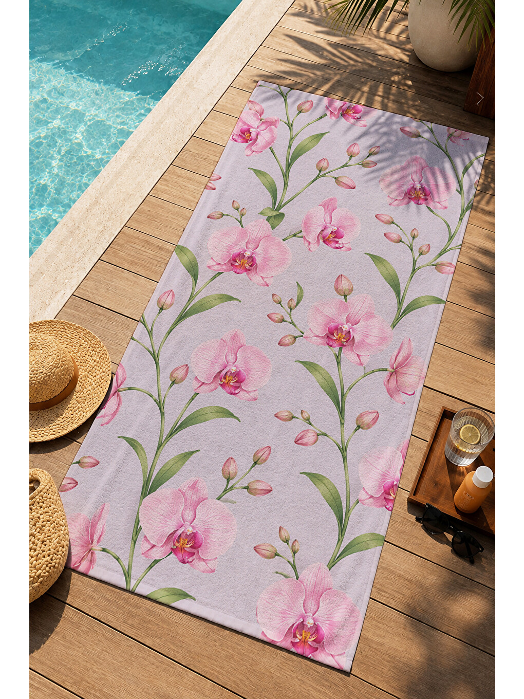 Romantik Pembe Kiraz Çiçeği Dalları Botanik Desenli 70x150 Plaj Havlusu - Pamuklu Banyo Havlusu-1