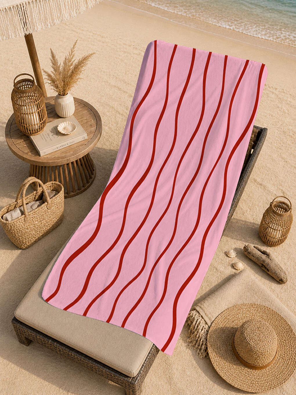 Minimal Pembe Dalgalı Dikey Çizgi Desenli 70x150 Plaj Havlusu - Dijital Baskılı Solmaz Banyo Havlusu-2