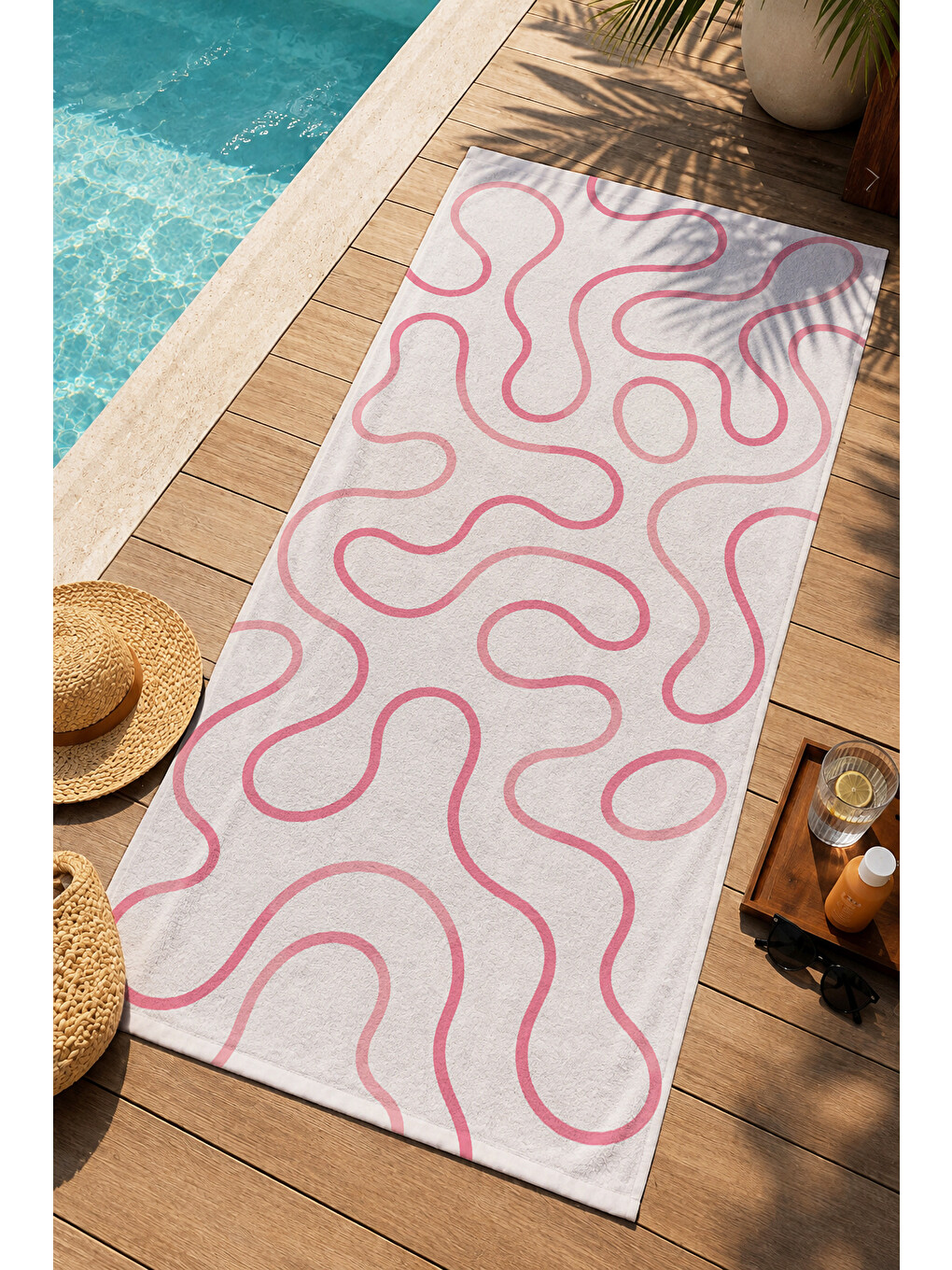 Modern Pembe Dalgalı Çizgi Desenli 70x150 Plaj Havlusu - Dijital Baskılı Solmaz Banyo Havlusu-3