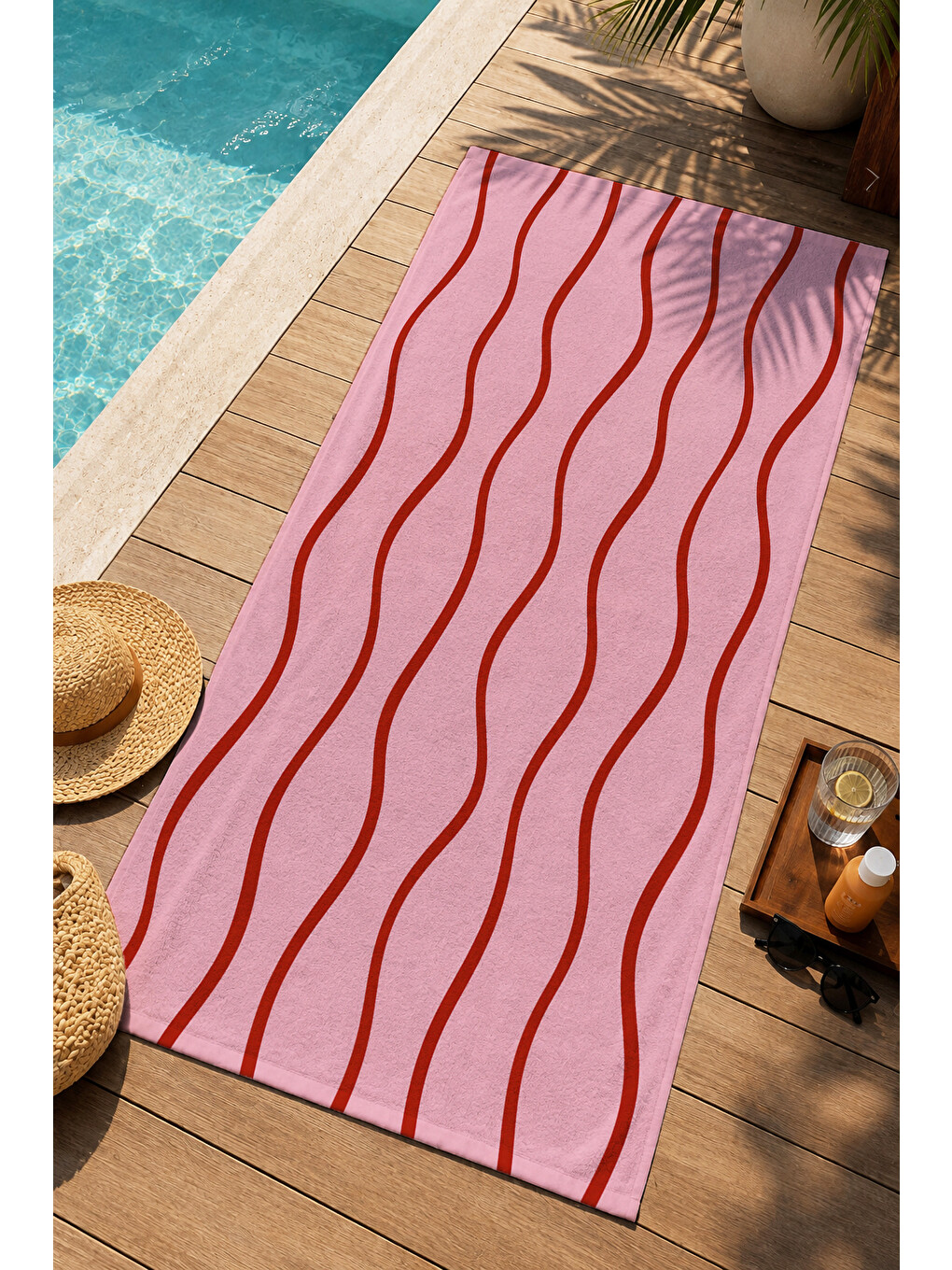 Minimal Pembe Dalgalı Dikey Çizgi Desenli 70x150 Plaj Havlusu - Dijital Baskılı Solmaz Banyo Havlusu-3