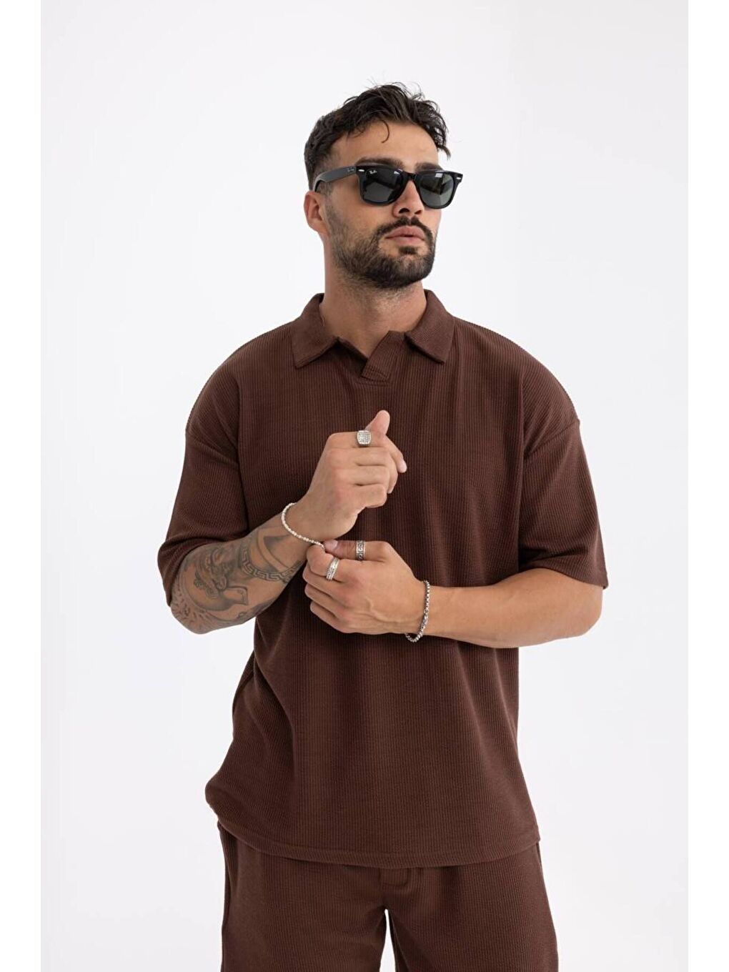 Kahverengi Erkek Basic Polo Yaka Tişört Şort Kahve Ikili Takım-2