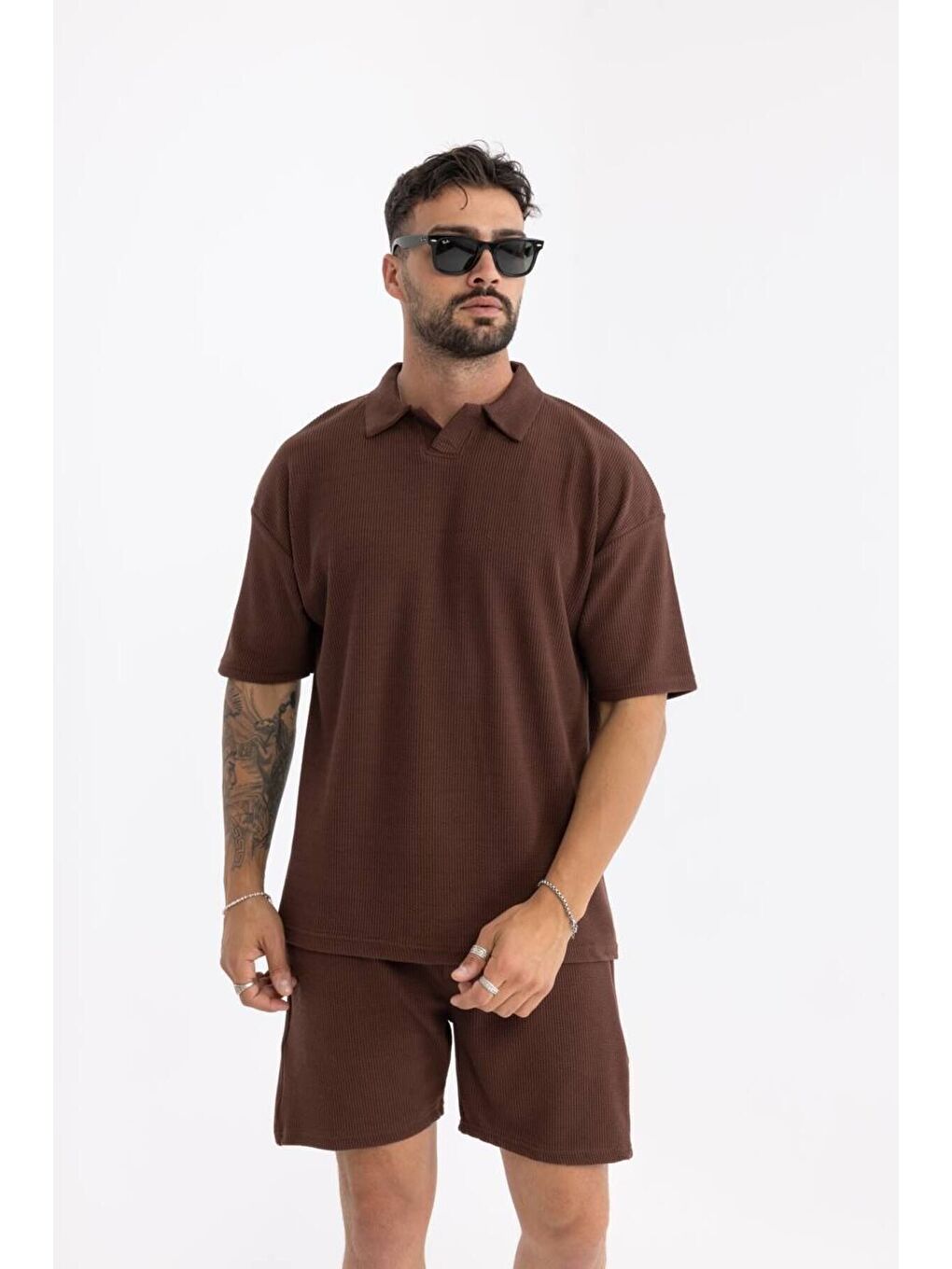 Kahverengi Erkek Basic Polo Yaka Tişört Şort Kahve Ikili Takım-3