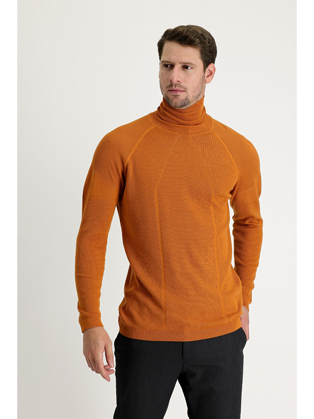 Turuncu Balıkçı Yaka Slim Fit Dar Kesim Düz Pamuklu Triko Kazak-1