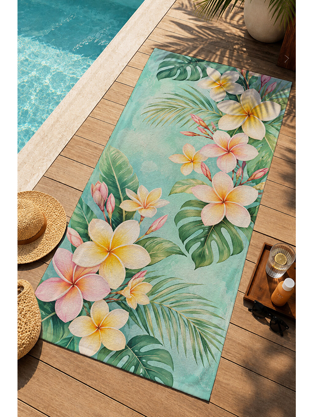 Yeşil Pastel Plumeria Mint Yapraklı Tropikal Desenli 70x150 Plaj Havlusu - Pamuklu Banyo Havlusu